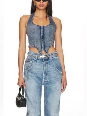 MIAOU Dani Denim Corset Vest Top Echo Blue